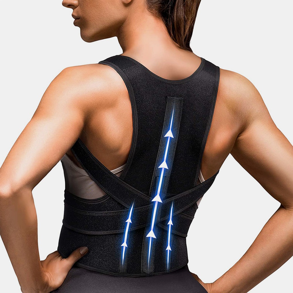 Straight Back Posture Corrector Shoulder Lumbar Brace Spine Support Belt  Adjustable Corset Correction Body Improve With Plate-blue-short